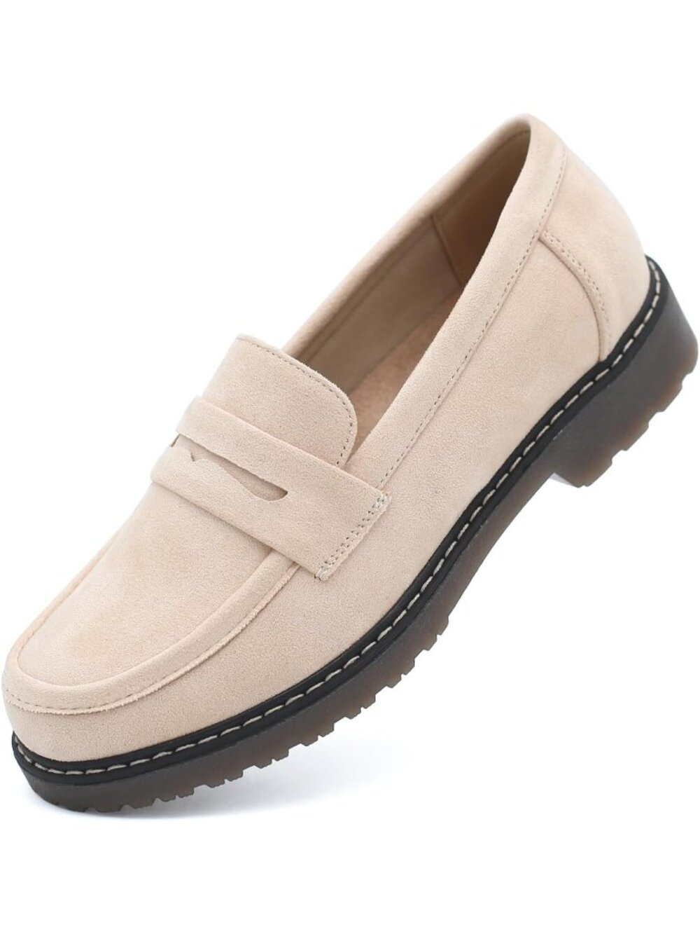 🆕Women's Suede Beige Chunky Loafers Platform Comfortable Slip-On Dressy